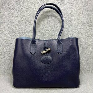 LongChamp Tote Bag Medium Navy Blue Roseau Leather Toggle Purse Shoulder Handbag